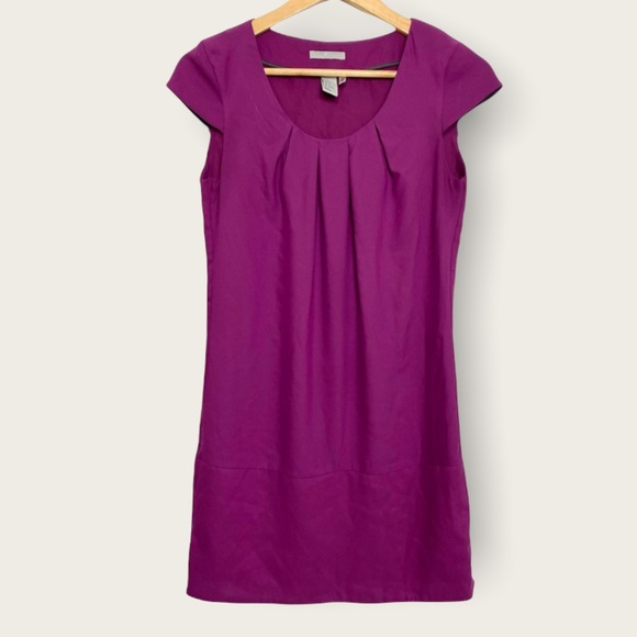 3/$30 H&M Bright Purple Pleated Neckline Short Sleeve Shift Mini Dress Size 2 - Picture 1 of 5